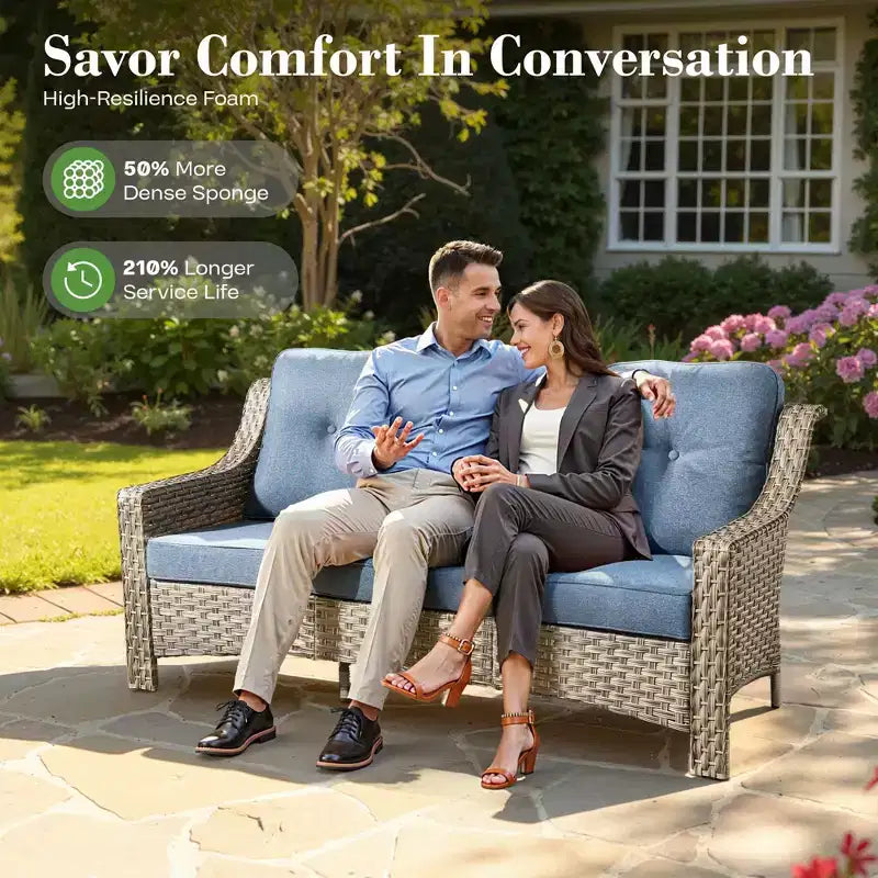 HOMLUX ensemble de conversation de patio en osier de 6 PCS avec canapé 3 places avec coussin, chaises en rotin, poufs et table basse