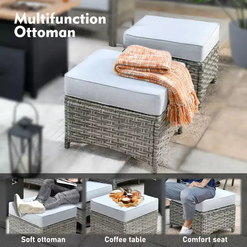 HOMLUX ensemble de conversation de patio en osier de 6 PCS avec canapé 3 places avec coussin, chaises en rotin, poufs et table basse