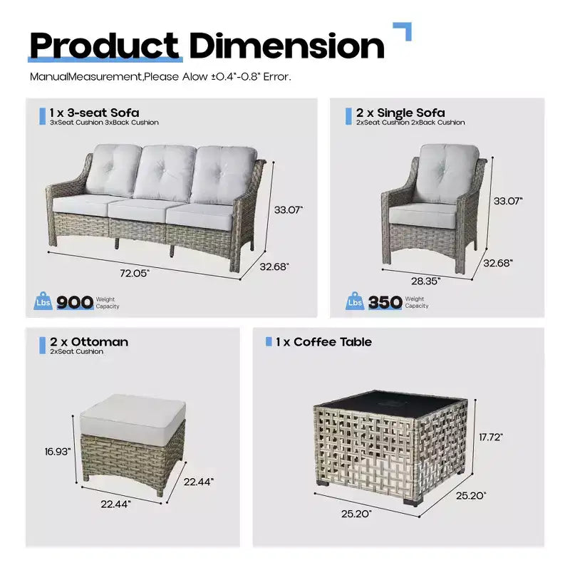 HOMLUX ensemble de conversation de patio en osier de 6 PCS avec canapé 3 places avec coussin, chaises en rotin, poufs et table basse