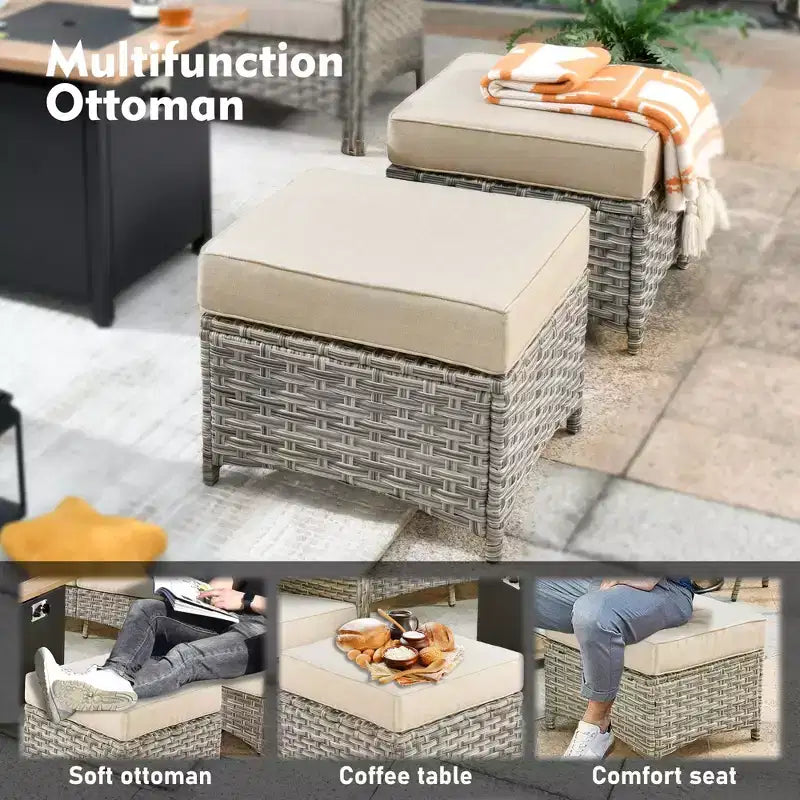 HOMLUX ensemble de conversation de patio en osier de 6 PCS avec canapé 3 places avec coussin, chaises en rotin, poufs et table basse