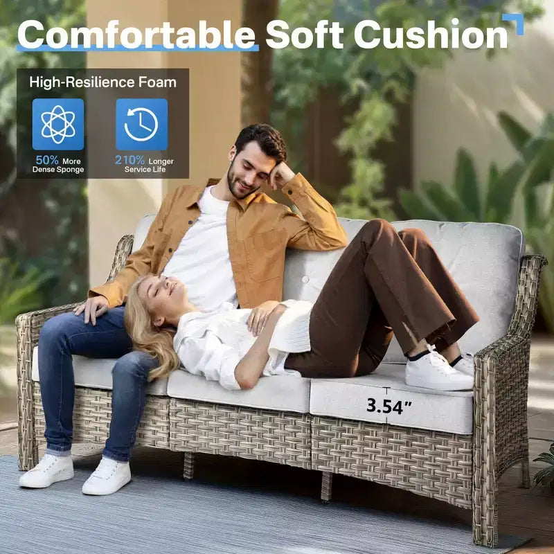 HOMLUX ensemble de conversation de patio en osier de 6 PCS avec canapé 3 places avec coussin, chaises en rotin, poufs et table basse