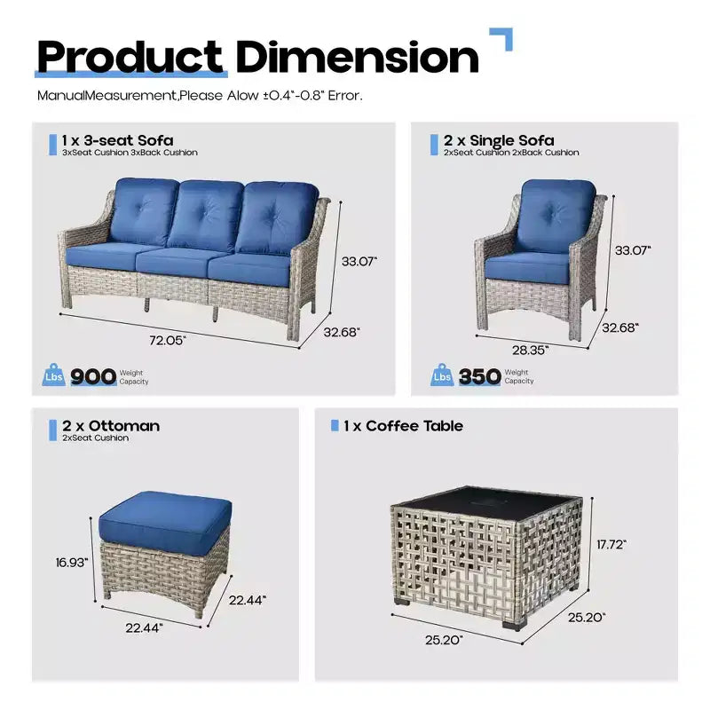 HOMLUX ensemble de conversation de patio en osier de 6 PCS avec canapé 3 places avec coussin, chaises en rotin, poufs et table basse
