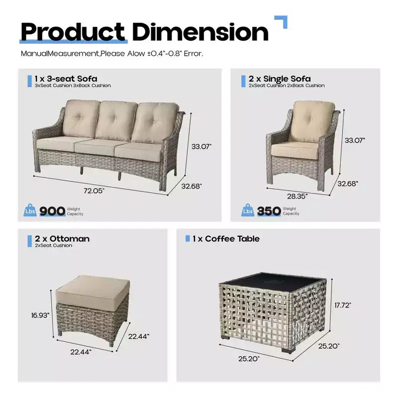 HOMLUX ensemble de conversation de patio en osier de 6 PCS avec canapé 3 places avec coussin, chaises en rotin, poufs et table basse
