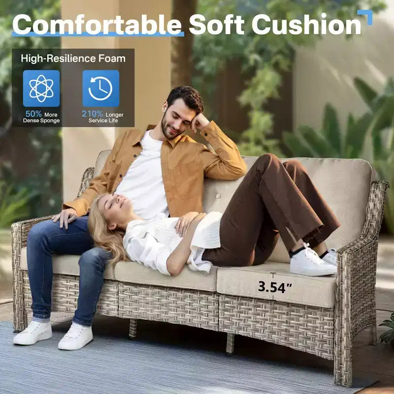 HOMLUX ensemble de conversation de patio en osier de 6 PCS avec canapé 3 places avec coussin, chaises en rotin, poufs et table basse