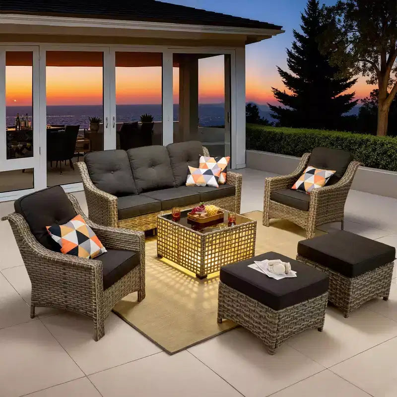 Juego de conversación de mimbre para patio HOMLUX de 6 piezas, con sofá de 3 plazas y cojín, sillas de ratán, otomanas y mesa de centro