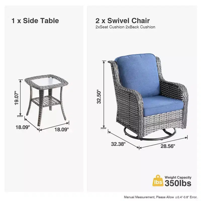 Ensemble de fauteuils à bascule pivotants à 360° HOMLUX de 3 pièces pour l'extérieur, ensemble de sièges de bistrot de jardin avec table d'appoint et coussin