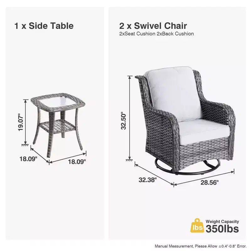 Ensemble de fauteuils à bascule pivotants à 360° HOMLUX de 3 pièces pour l'extérieur, ensemble de sièges de bistrot de jardin avec table d'appoint et coussin