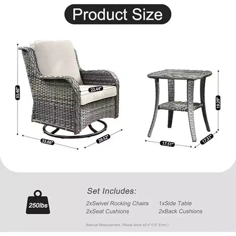 Ensemble de fauteuils à bascule pivotants à 360° HOMLUX de 3 pièces pour l'extérieur, ensemble de sièges de bistrot de jardin avec table d'appoint et coussin