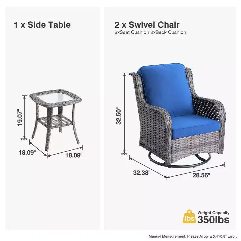 Ensemble de fauteuils à bascule pivotants à 360° HOMLUX de 3 pièces pour l'extérieur, ensemble de sièges de bistrot de jardin avec table d'appoint et coussin