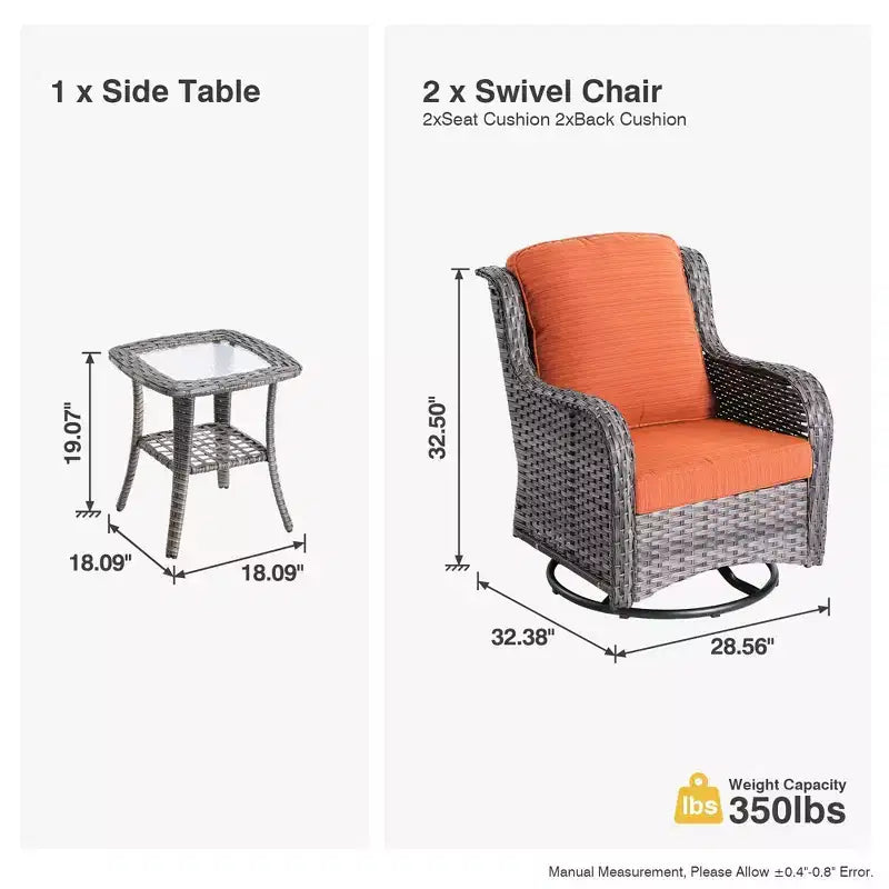 Ensemble de fauteuils à bascule pivotants à 360° HOMLUX de 3 pièces pour l'extérieur, ensemble de sièges de bistrot de jardin avec table d'appoint et coussin
