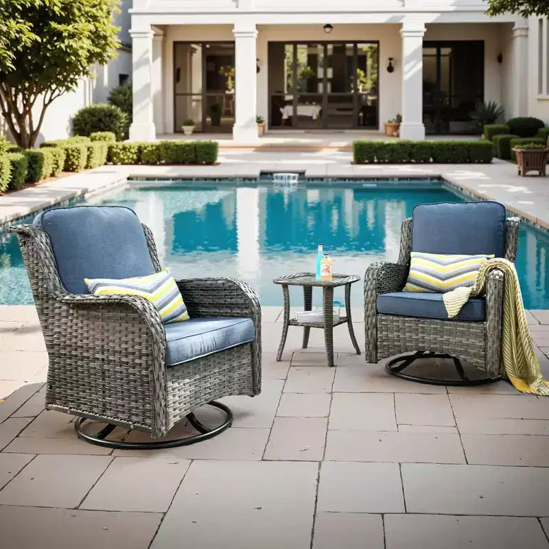 Conjunto de 3 sillas mecedoras giratorias 360 para exterior HOMLUX, conjunto de asientos tipo bistró para patio con mesa auxiliar y cojín