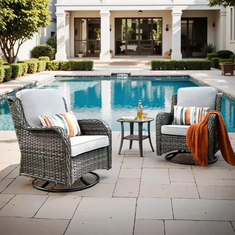 Conjunto de 3 sillas mecedoras giratorias 360 para exterior HOMLUX, conjunto de asientos tipo bistró para patio con mesa auxiliar y cojín