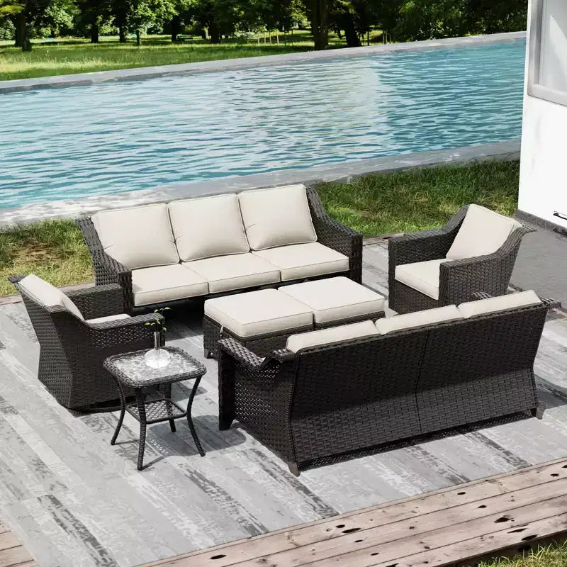 Conjunto premium para exteriores UPTIOT: dos sofás de 3 plazas, sillas mecedoras, otomanas y mesa auxiliar