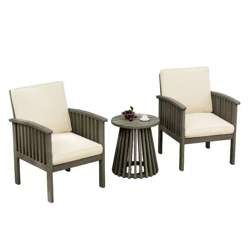 Juego de conversación para patio de 3 piezas, muebles de exterior de madera de acacia, 2 sillones club con mesa auxiliar para jardín/patio/terraza - ModernLuxe