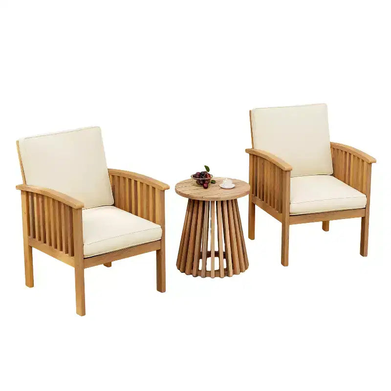 Juego de conversación para patio de 3 piezas, muebles de exterior de madera de acacia, 2 sillones club con mesa auxiliar para jardín/patio/terraza - ModernLuxe