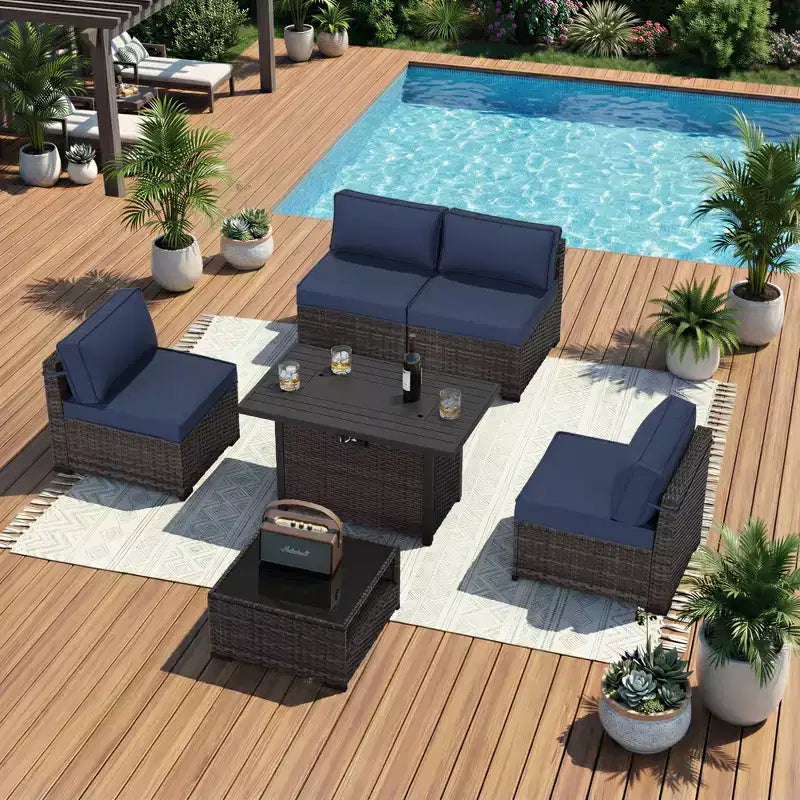 Conjunto de patio UPTIOT de 6 piezas: 4 sillas auxiliares, mesa brasero marrón y mesa de centro de vidrio templado para reuniones elegantes al aire libre