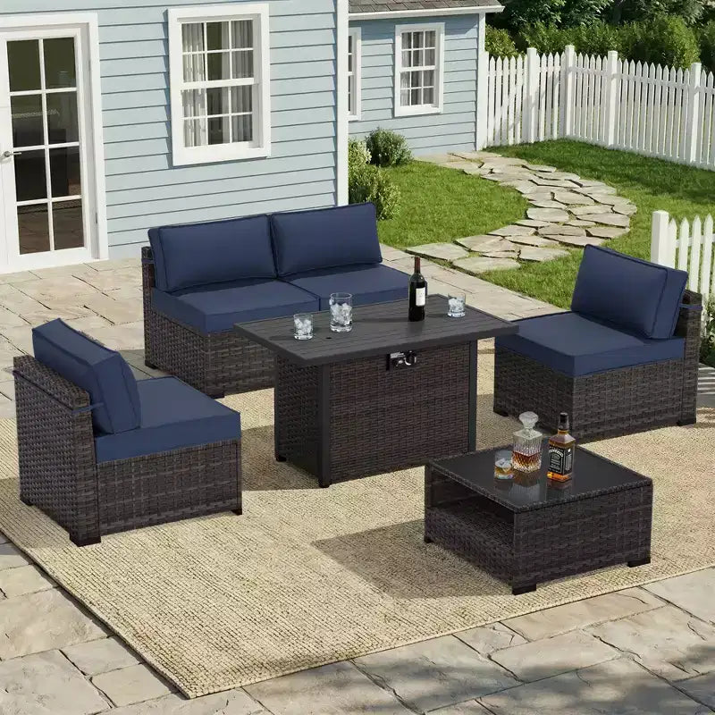 Conjunto de patio UPTIOT de 6 piezas: 4 sillas auxiliares, mesa brasero marrón y mesa de centro de vidrio templado para reuniones elegantes al aire libre