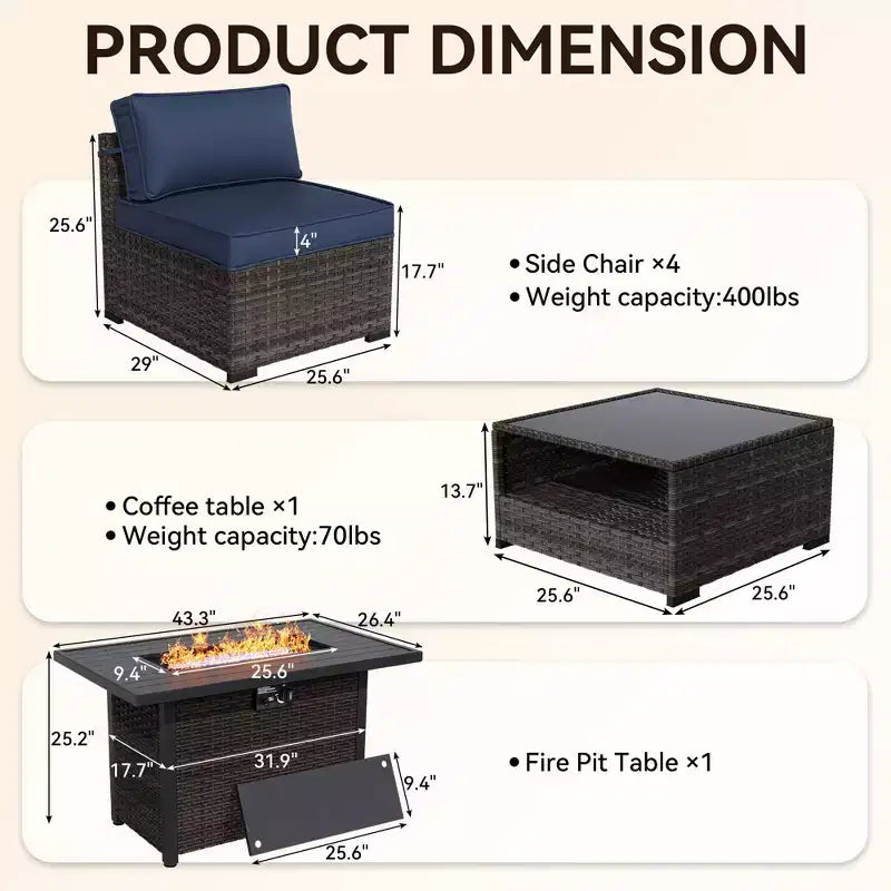 Conjunto de patio UPTIOT de 6 piezas: 4 sillas auxiliares, mesa brasero marrón y mesa de centro de vidrio templado para reuniones elegantes al aire libre