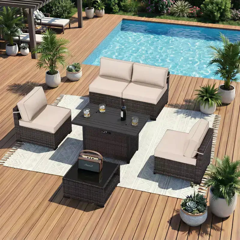 Conjunto de patio UPTIOT de 6 piezas: 4 sillas auxiliares, mesa brasero marrón y mesa de centro de vidrio templado para reuniones elegantes al aire libre