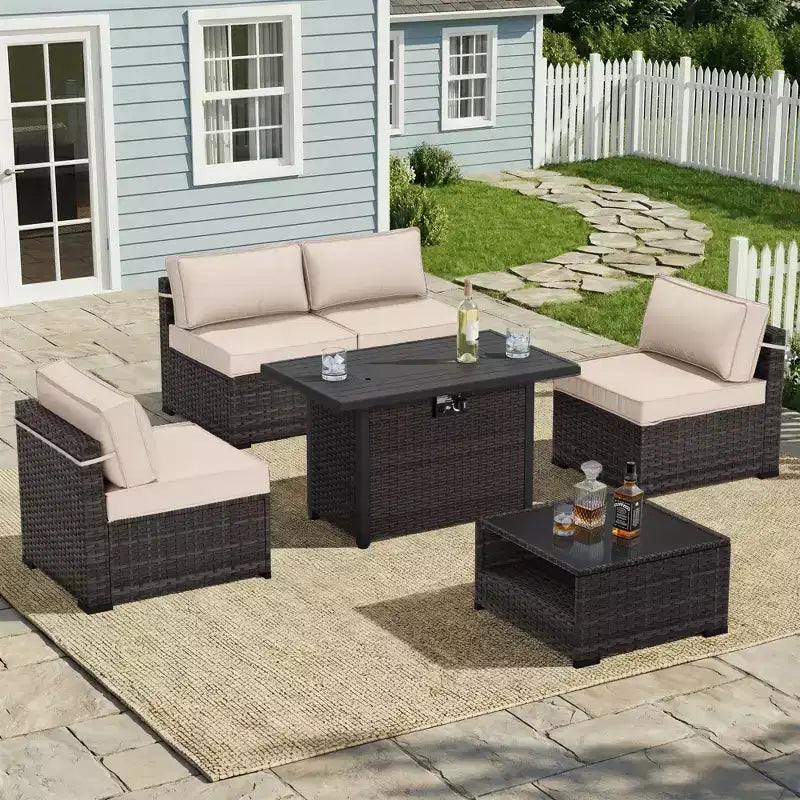 Conjunto de patio UPTIOT de 6 piezas: 4 sillas auxiliares, mesa brasero marrón y mesa de centro de vidrio templado para reuniones elegantes al aire libre