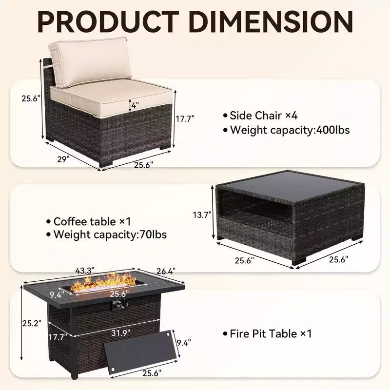 Conjunto de patio UPTIOT de 6 piezas: 4 sillas auxiliares, mesa brasero marrón y mesa de centro de vidrio templado para reuniones elegantes al aire libre