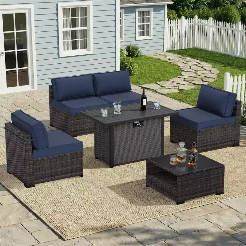 Ensemble de patio UPTIOT de 6 pièces : 4 fauteuils, table brasero grise et table basse en verre trempé pour des moments conviviaux en extérieur