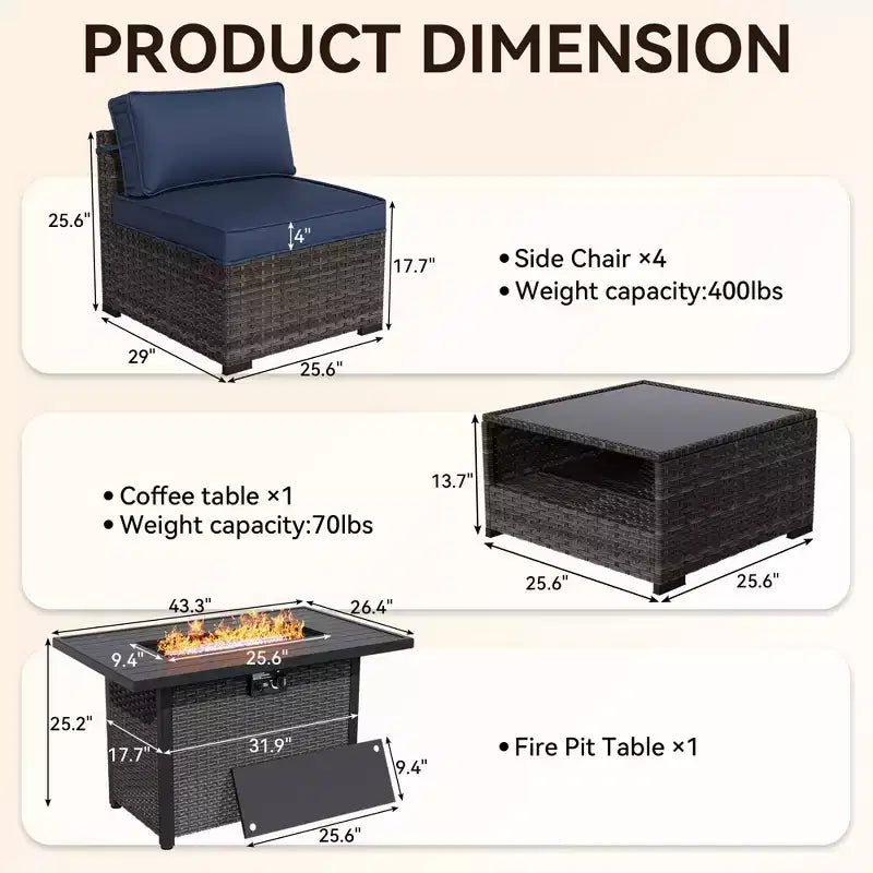 Ensemble de patio UPTIOT de 6 pièces : 4 fauteuils, table brasero grise et table basse en verre trempé pour des moments conviviaux en extérieur