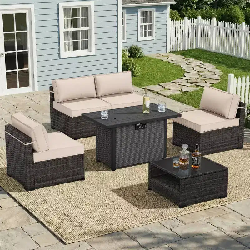 Ensemble de patio UPTIOT de 6 pièces : 4 fauteuils, table brasero grise et table basse en verre trempé pour des moments conviviaux en extérieur