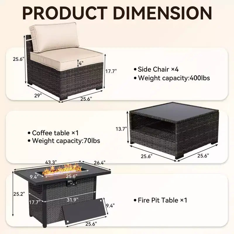Ensemble de patio UPTIOT de 6 pièces : 4 fauteuils, table brasero grise et table basse en verre trempé pour des moments conviviaux en extérieur