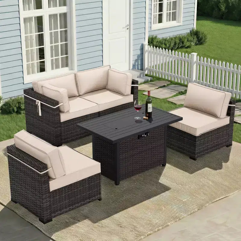 UPTIOT 5-Piece Patio Set: 2 Corner Sofas, 2 Side Chairs & Brown Fire Pit Table for Ultimate Outdoor Comfort and Entertainment