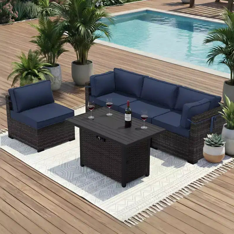 UPTIOT 5-Piece Patio Set: 2 Corner Sofas, 2 Side Chairs & Brown Fire Pit Table for Ultimate Outdoor Comfort and Entertainment