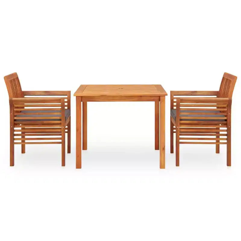 Conjunto de comedor para exteriores de 3 piezas de madera maciza de acacia vidaXL, con cojines