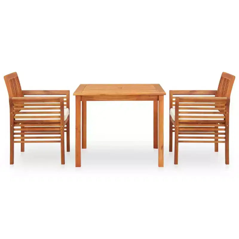Conjunto de comedor para exteriores de 3 piezas de madera maciza de acacia vidaXL, con cojines