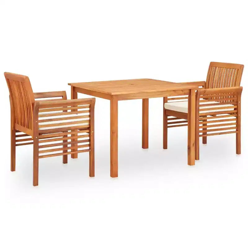 Conjunto de comedor para exteriores de 3 piezas de madera maciza de acacia vidaXL, con cojines