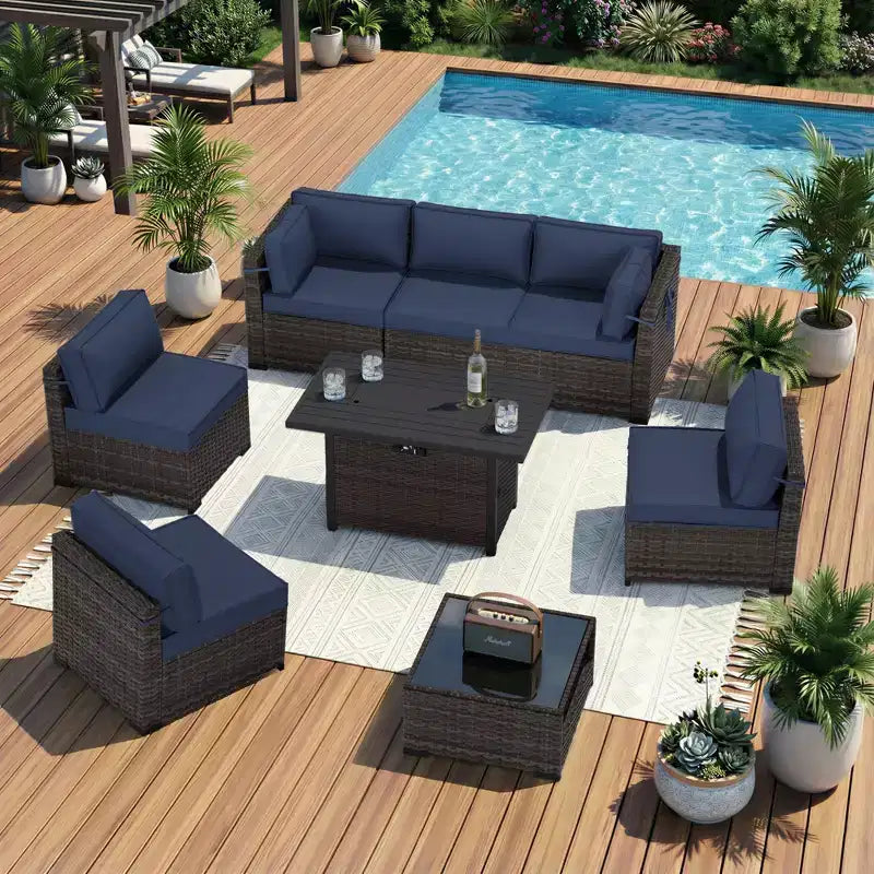 UPTIOT conjunto premium de sofá para exteriores con tumbonas esquineras, sillas decorativas y mesa de fuego convertible marrón, para disfrutar al máximo de la comodidad del patio
