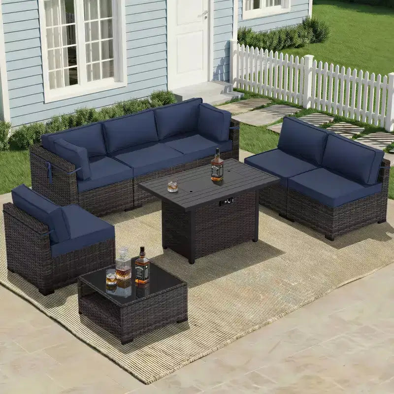 UPTIOT conjunto premium de sofá para exteriores con tumbonas esquineras, sillas decorativas y mesa de fuego convertible marrón, para disfrutar al máximo de la comodidad del patio