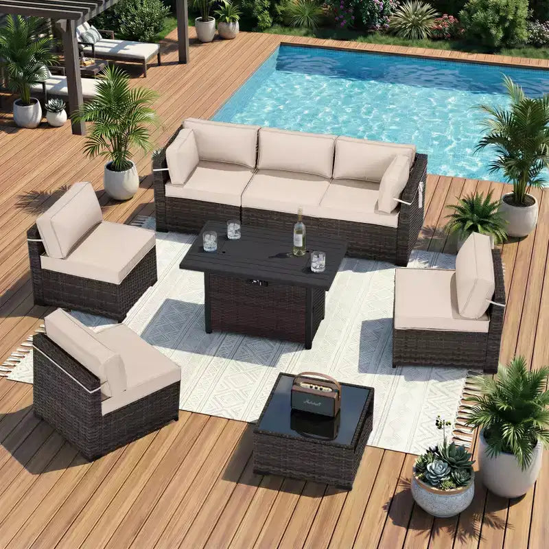 UPTIOT conjunto premium de sofá para exteriores con tumbonas esquineras, sillas decorativas y mesa de fuego convertible marrón, para disfrutar al máximo de la comodidad del patio