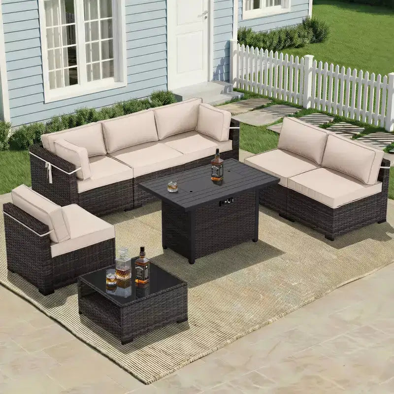 UPTIOT conjunto premium de sofá para exteriores con tumbonas esquineras, sillas decorativas y mesa de fuego convertible marrón, para disfrutar al máximo de la comodidad del patio