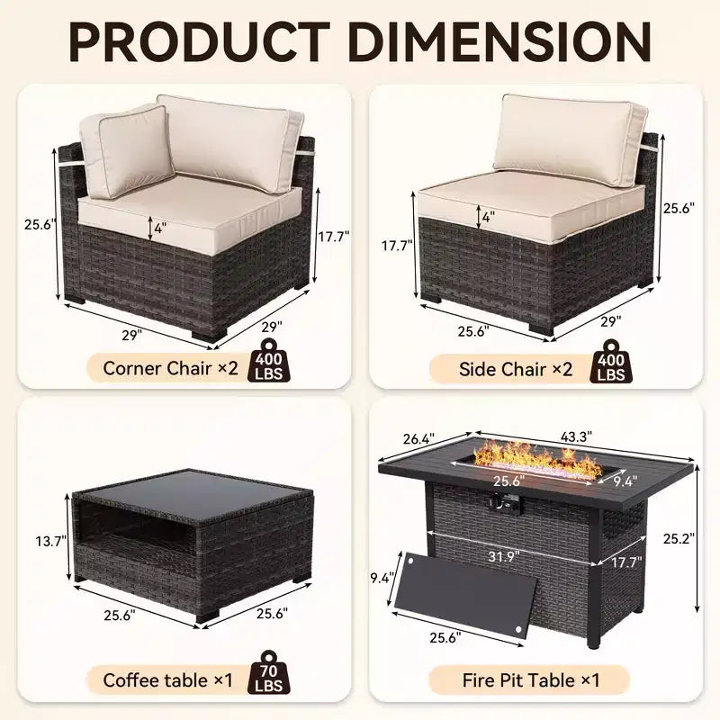 UPTIOT conjunto premium de sofá para exteriores con tumbonas esquineras, sillas decorativas y mesa de fuego convertible marrón, para disfrutar al máximo de la comodidad del patio