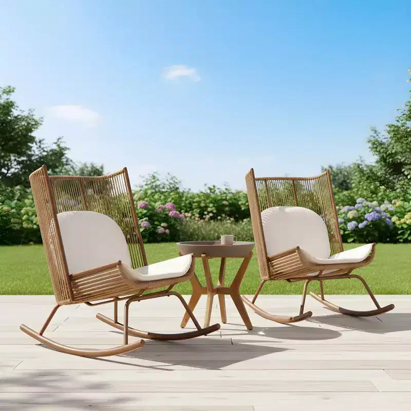 Christopher Knight Home Sunita conjunto de comedor de 3 piezas para patio, estilo rústico, con mesa de madera de acacia y mecedoras de hierro