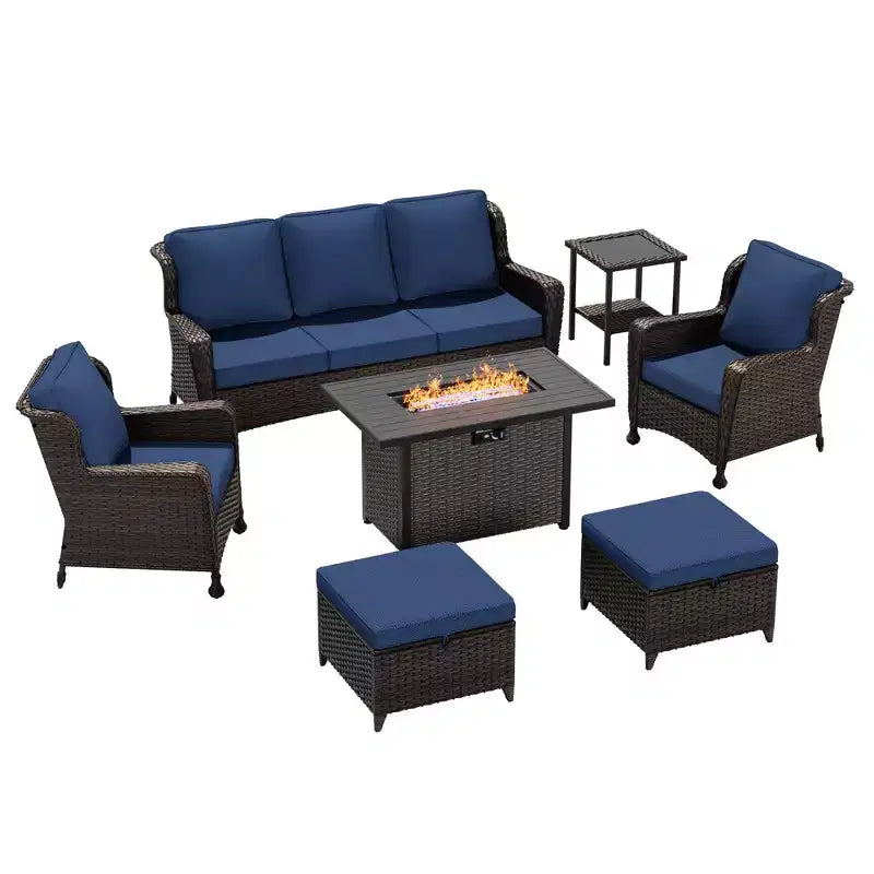 Juego para exteriores UPTIOT: sofá de 3 plazas, sillas de mimbre, mesa con fogón y mesa auxiliar