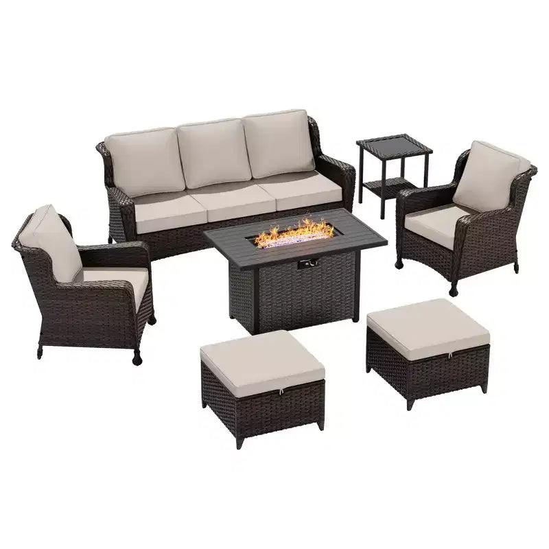 Juego para exteriores UPTIOT: sofá de 3 plazas, sillas de mimbre, mesa con fogón y mesa auxiliar