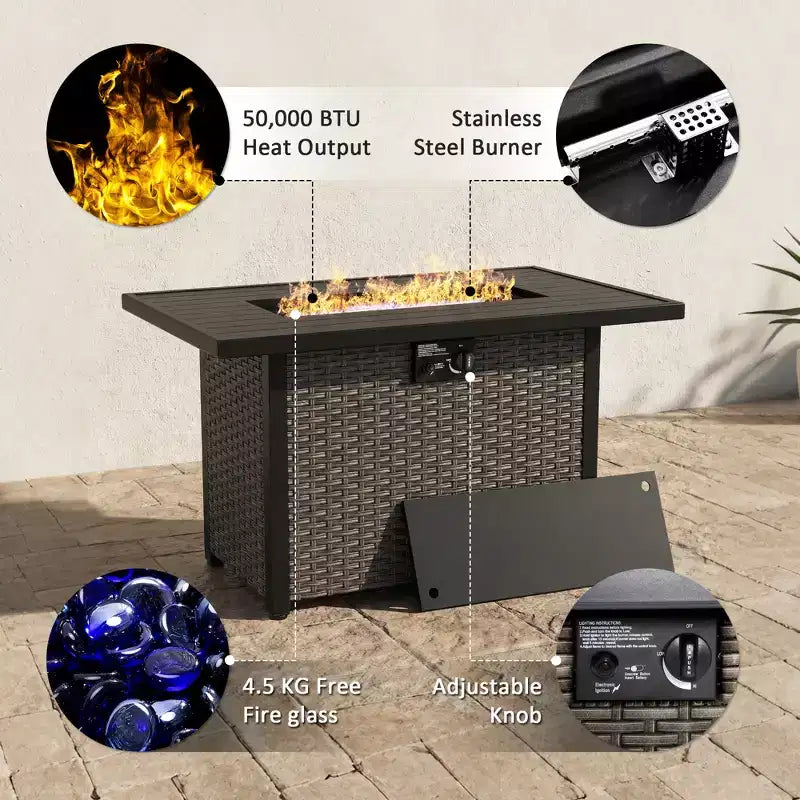 Juego para exteriores UPTIOT: sofá de 3 plazas, sillas de mimbre, mesa con fogón y mesa auxiliar