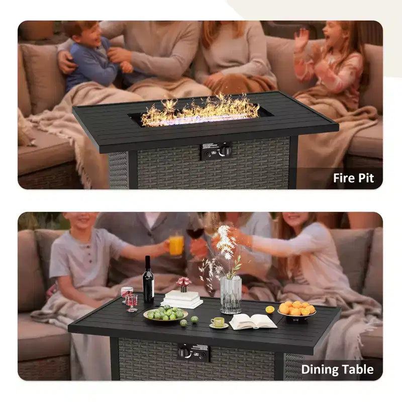 Juego para exteriores UPTIOT: sofá de 3 plazas, sillas de mimbre, mesa con fogón y mesa auxiliar