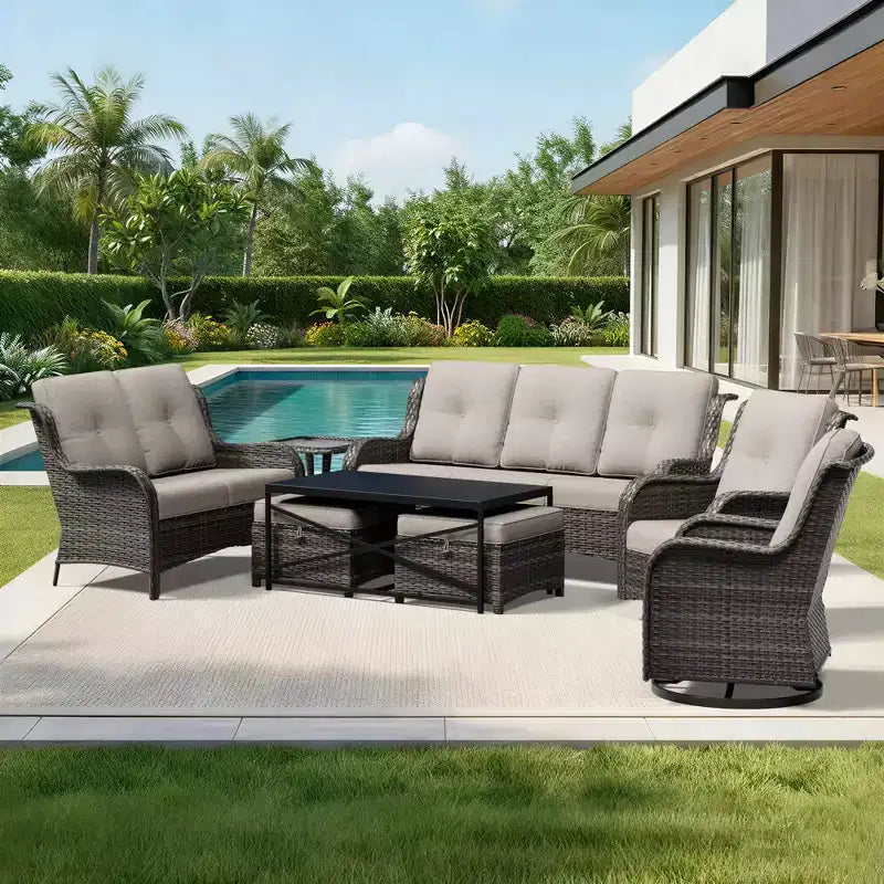 Conjunto premium de sofá para exterior UPTIOT con sillas giratorias y pufs multifuncionales