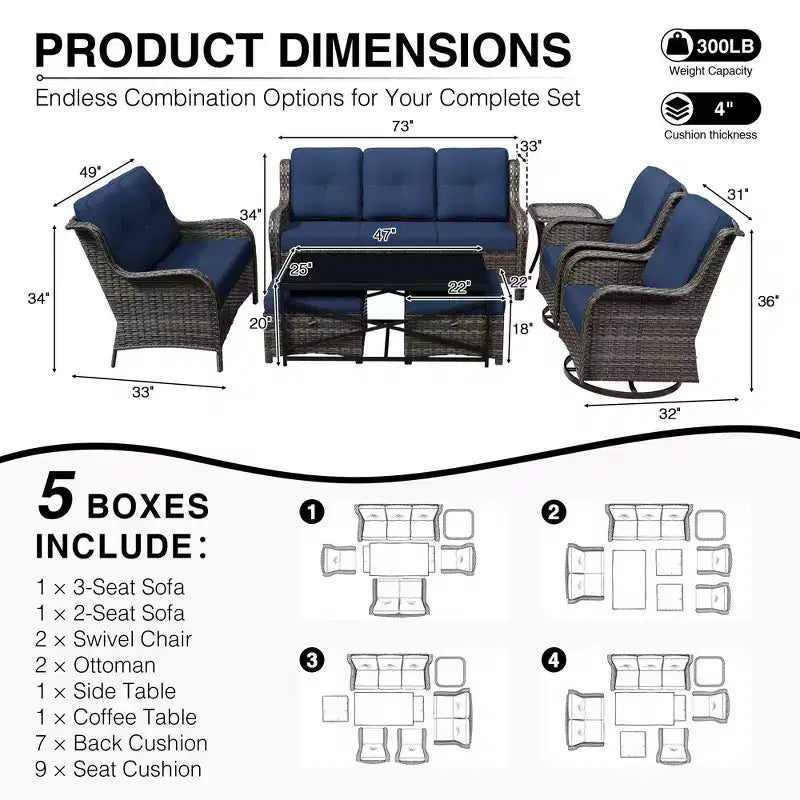 Conjunto premium de sofá para exterior UPTIOT con sillas giratorias y pufs multifuncionales
