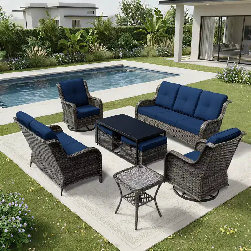 Conjunto premium de sofá para exterior UPTIOT con sillas giratorias y pufs multifuncionales