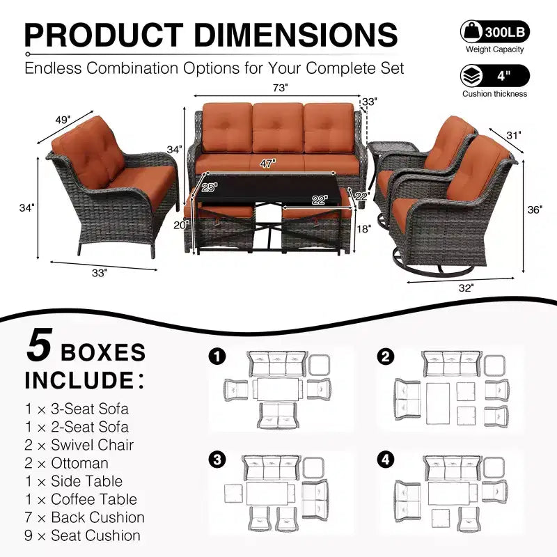 Conjunto premium de sofá para exterior UPTIOT con sillas giratorias y pufs multifuncionales