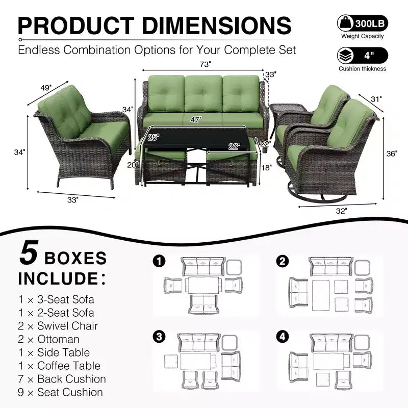 Conjunto premium de sofá para exterior UPTIOT con sillas giratorias y pufs multifuncionales