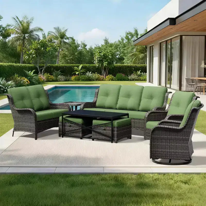 Conjunto premium de sofá para exterior UPTIOT con sillas giratorias y pufs multifuncionales